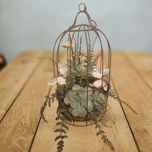 Rustic Brown Metal Birdcage Planter with Green Accents